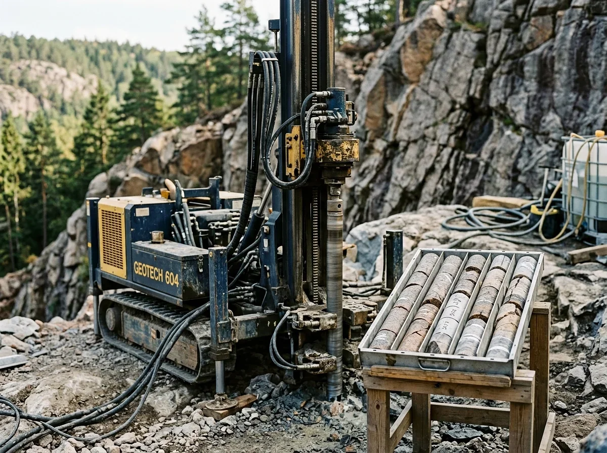 Geotech 604 borrigg vid klippformation med kärnborrningsprover i låda.