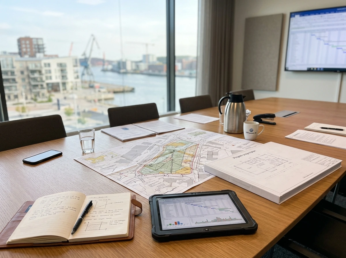 Konferensrum med byggnadsritningar, surfplatta och anteckningsbok vid hamnvy.