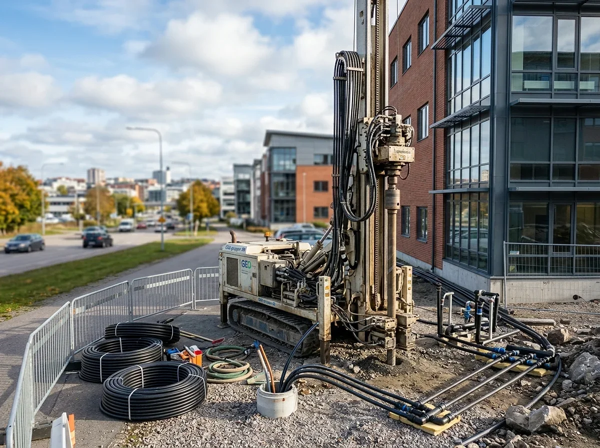 Borrigg för geotermisk energi installeras vid kontorsbyggnad i stadsmiljö.