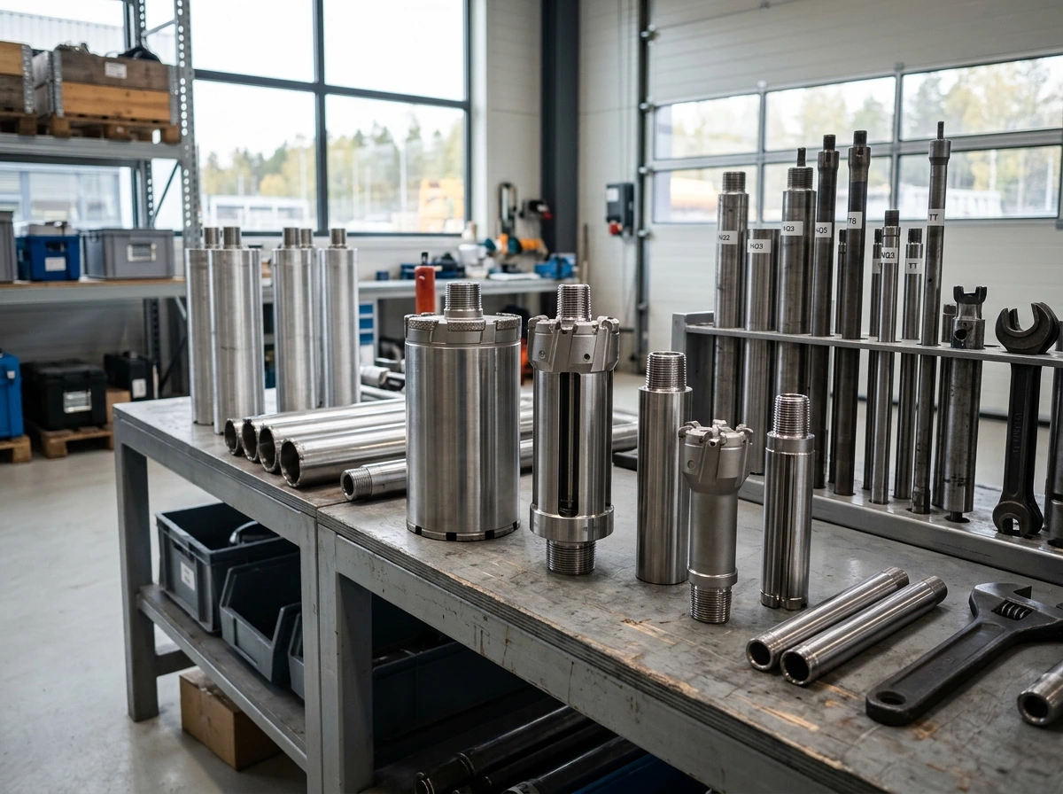 Borrkronor och kärnborrutrustning uppställda på ett industriellt arbetsbord.