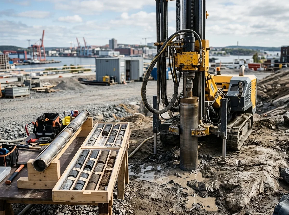 Borrigg och kärnprover på byggarbetsplats vid hamnområde.